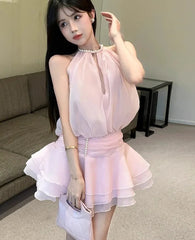 Hnewly  Mini Dresses Women Pearl Halter Sleeveless Bandage Slim Backless Hollow Out Sweet Elegant Party Dress Female Casual