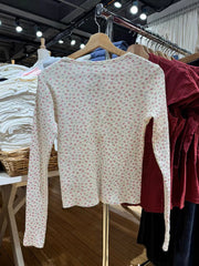 Hnewly  Pink Floral Waffle Long Sleeve T-Shirt Woman Spring Buttons Round Neck Cotton Slim Tee Top Sweet Cute Preppy Style Tshirt Y2k