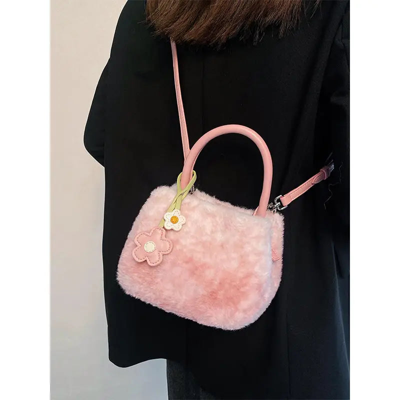 Hnewly  Sweet Cute Pink Gradient Handbag Women Plush Large Capacity Square Shoulder Bag Ladies Fashion Winter New Crossbody Bag Y2k