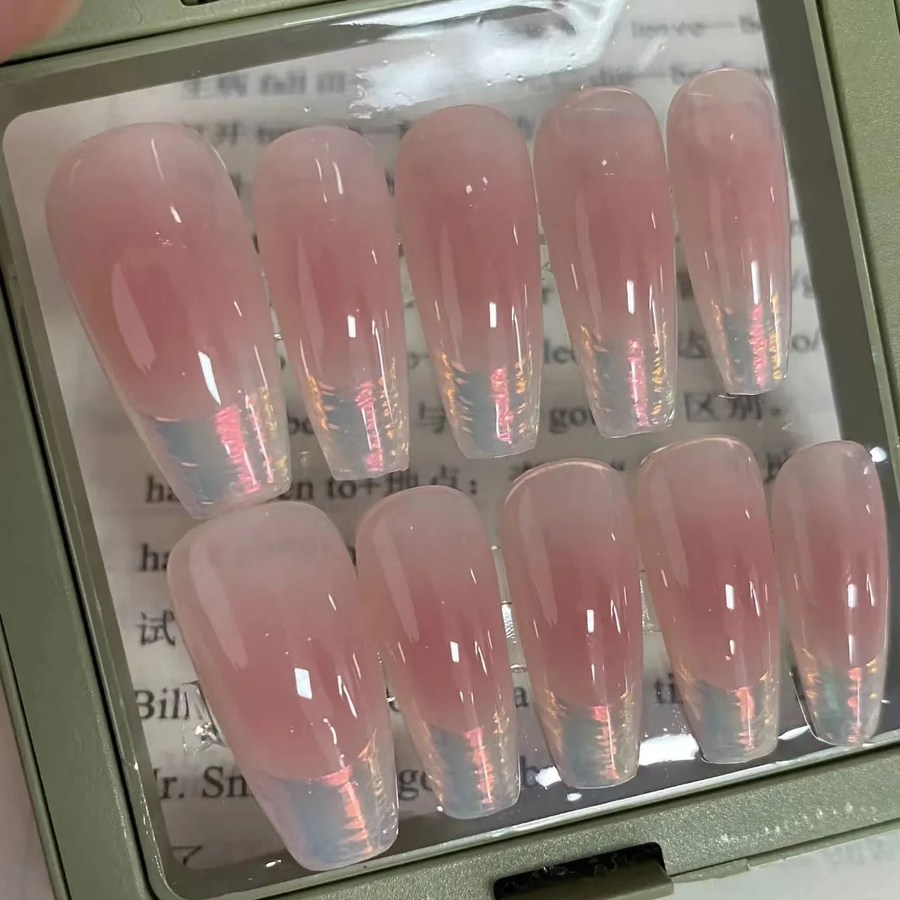 Hnewly 10Pcs Cat Eye Handmade Press On Nails with Gradient Design False Nails Full Cover French Ballerina Wearable Artificial Nail Tips