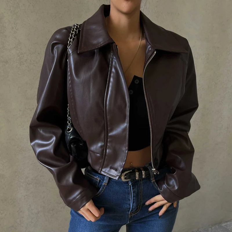 Hnewly PU Faux Leather Jacket Aesthetic Fashion Streetwear Turn-down Collar Coat Women Autumn Casual Simple Long Sleeve Coats