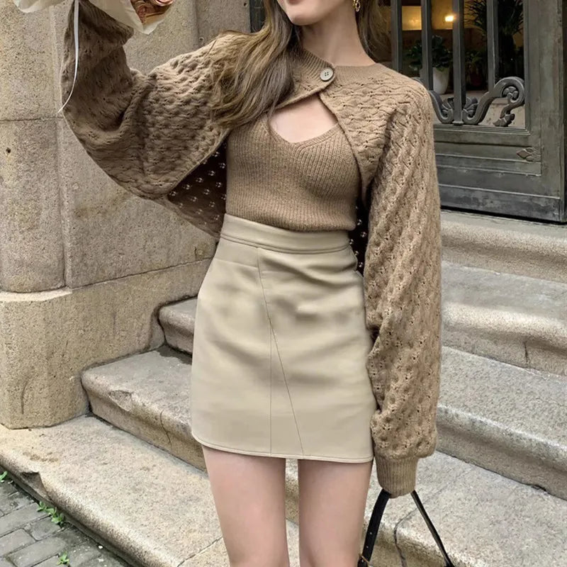 Hnewly  Women's Knitted Shrug Cardigan with Vest Cami Top One button front Crop Bolero Tops Teen-girl Autumn Winter Y2K 90s Outfit