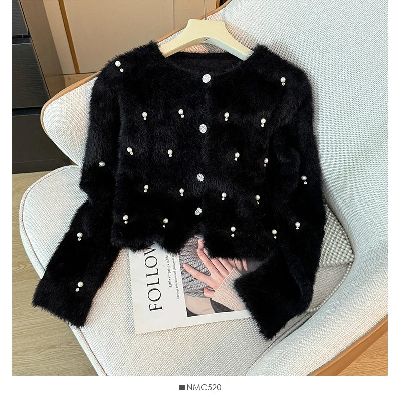 Hnewly  Beading O-Neck Plush Long Sleeved Sweater  Women's Autumn Loose Soft Glutinous Knit Cardigan Elegant Single Breasted Short Top