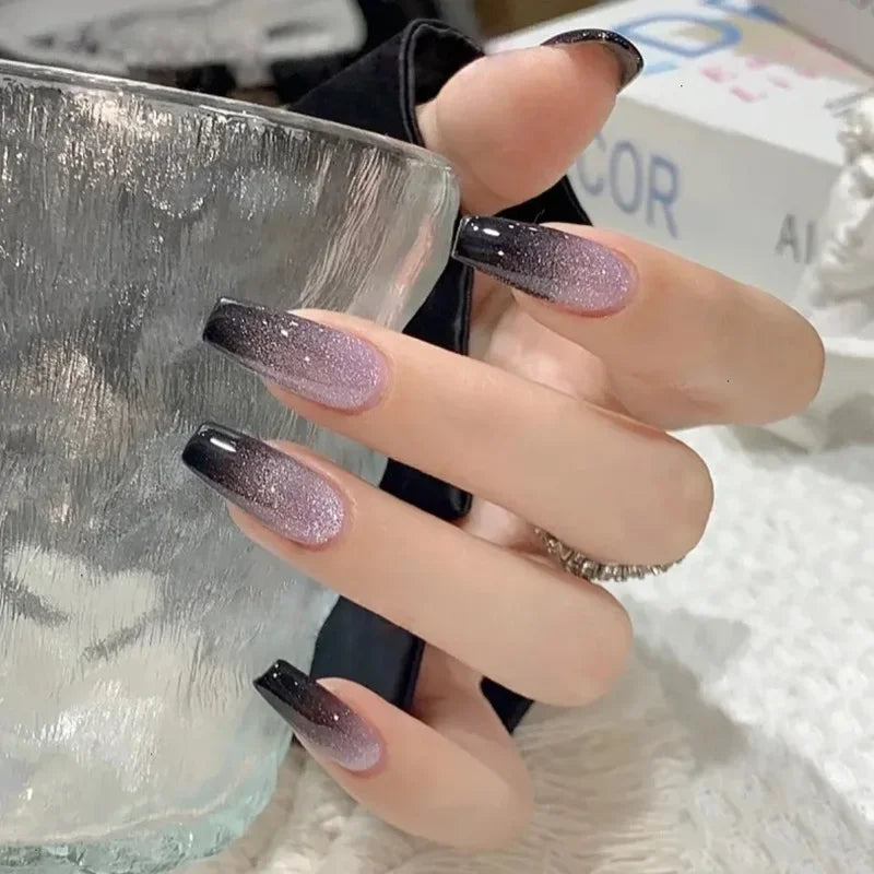 Hnewly 24Pcs False Nails French Gradient Ballet Fake Nails Press on Nails Black Heart Rhinestone Design Glitter Full Cover Nail Tips