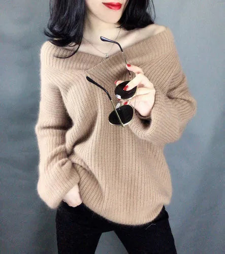 Hnewly  Fuzzy Knit V-neck Sweater Women Cozy Long Sleeve Plain Jumper Pullovers Women Warm Soft Knitwear Autumn Winter Basic Outfit