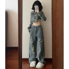 Hnewly rodeo outfits Harajuku Two Piece Sets Womens Outifits Long Sleeve Crop Jackets High Waist Hole Wide Leg Pants Suit Casual Fashion Y2k Set