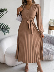 Hnewly  Autumn Winter Elegant V-Neck Button Belt Long Sleeved Solid Color Pleated Long Dress For Women Dresses