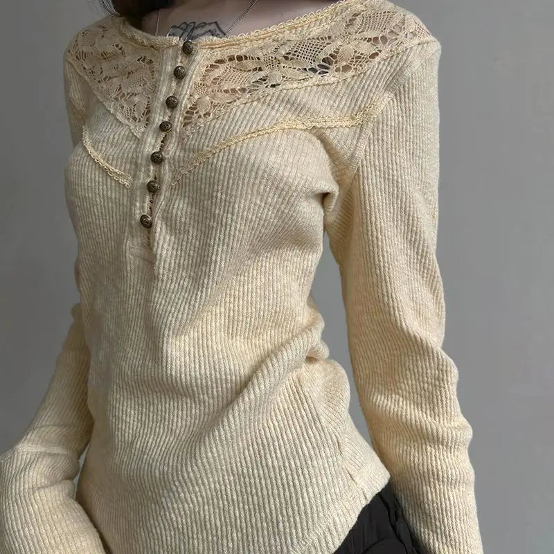 Hnewly  Elegant Vintage Lace Patchwork O-neck T-shirts Y2k Slim Fit All-match Top for Women 2025 Spring New Long Sleeve Tee Shirt