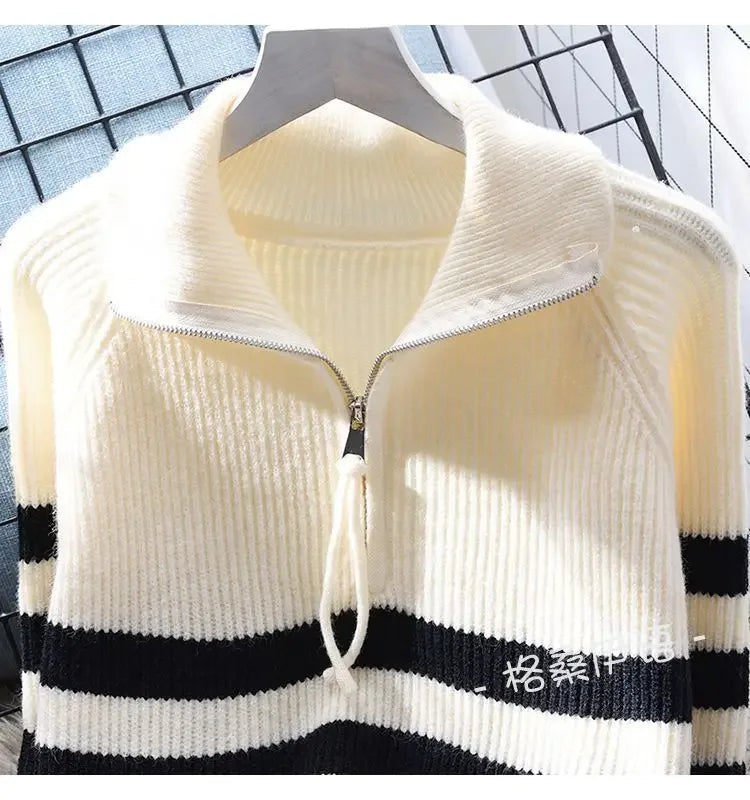 Hnewly  Half Zipper Stripe Pullover Sweater  Women Loose Knitted Base Shirt  2025 Spring /Autumn Japanese Style Long Sleeve Pullover Top