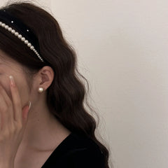 Hnewly  1Pc French Style High-Grade Double-Layer Pearl Headband,Black Velvet Sponge Hair Hoop,Retro Exquisite Hair Accessory for Women