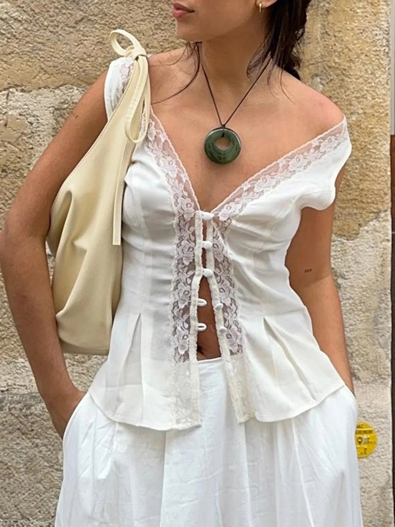 Hnewly Holiday Patchwork Lace Chiffon Tank Tops Sexy Slim Deep V-Neck Sleeveless Split Tops Women 2024 Summer Fashion Ladies