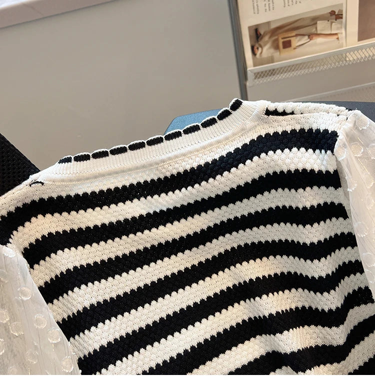 Hnewly  Striped knitted Sweater For Women's Spring Autumn French Elegant Round Neck Long Sleeved Patchwork Chiffon Loose All-Matched Top