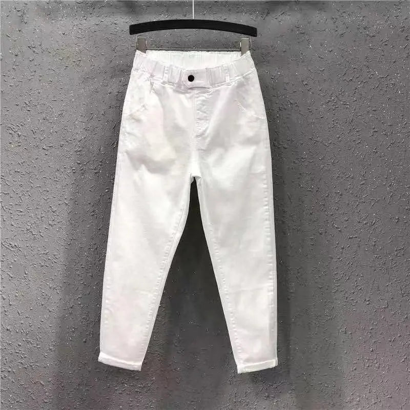 Hnewly Solid Casual Jeans For Summer/Autumn 2025 New Loose Versatile Harlan Pants Fashion Elastic Waist Buttons  Ankle-Length Pants