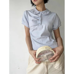 Hnewly Casual Polka Dot Pleated irt ort Sve Turn-down Collar Doll Collar Summer Faion Women's Polyester Fiber 00% Top