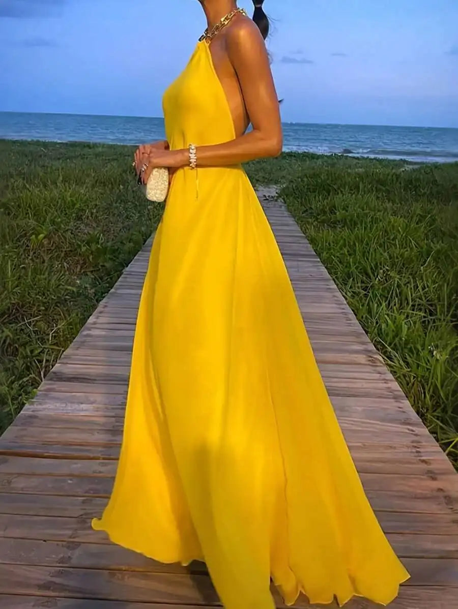 Hnewly  Womens Yellow Sleeveless Halter Backless Elegant Long Dress For Beach Summer