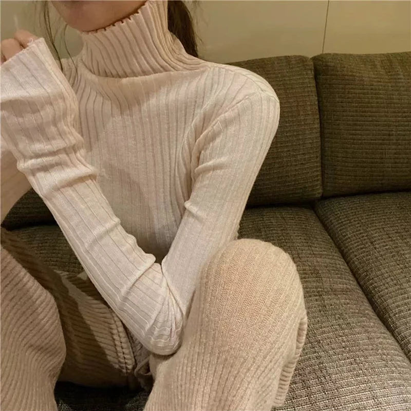 Hnewly Turtleneck Warm Pullovers Women Autumn Winter Simple Basic Soft Knitting Sweaters Y2K Sexy Slim All Match Bottoming Jumper Mujer