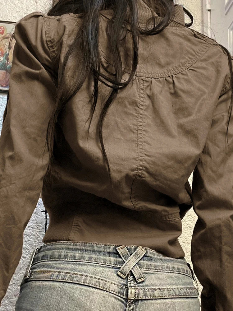 Hnewly Vintage Cropped Jackets for Women Harajuku Casual Slim Fit Zipper Coat Y2K Streetwear Long Sleeve Outerwear Autumn