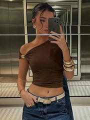 Hnewly  Gold Ring Off Shoulder T shirt Female Solid Color Irregular Ruched Top Slim Sexy Navel Expose Tanks Hot Girl Y2K T shirt