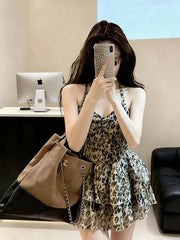 Hnewly  Sexy Leopard Print Halter Dress Slimming American Style Summer New Arrival for Short Women Spicy Girl Print A-Line Dress