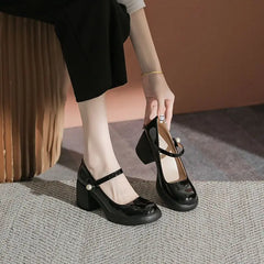 Hnewly Shoes for Woman with Medium Heels Gothic Women's Summer Footwear Japanese Style Lolita Pearl Round Toe Mary Jane Platform