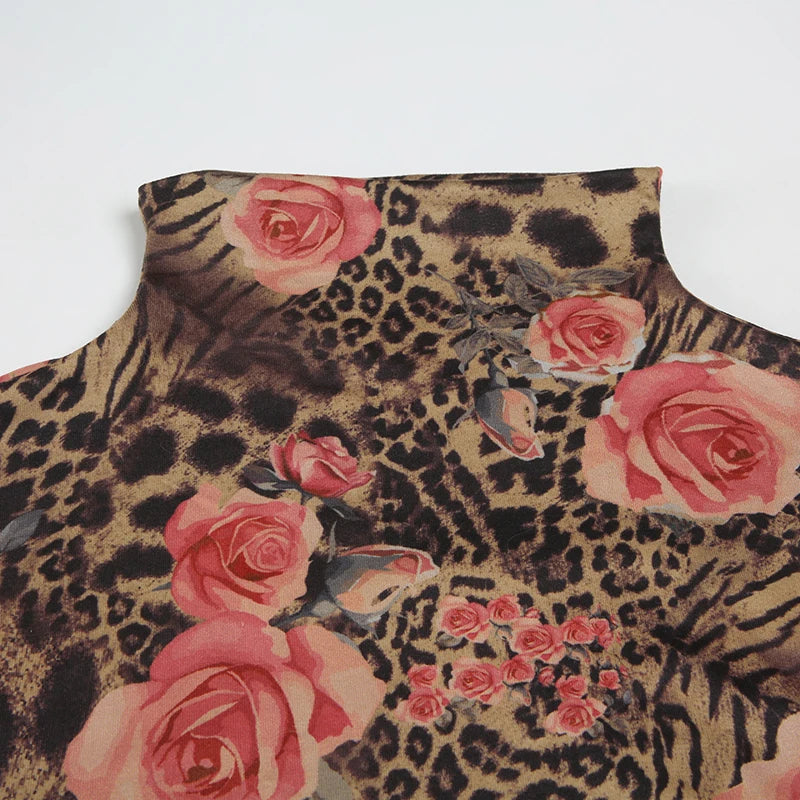 Hnewly Vintage Floral Print Crop Top Women Retro Sleeveless Turtleneck Skinny Tank Tops Harajuku y2k Tee Summer Casual Lady Vest