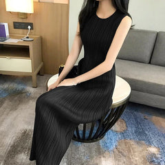 Hnewly  Grey Slimming Folded Hem Dress Sleeveless Base Layer over Knee Long Vest Dress Summer Small Fragrance Style Casual Dress