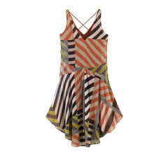 Lunivop  Holiday Geometric Stripes Print V neck Sleeveless Dress Women Ruched A-line Swing Midi Long Asymmetry Dresses Tank Vestidos Robe