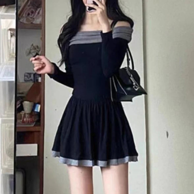 Hnewly Christmas Dress Women y2k Clothes Contrast Color Cold Shoulder Long Sleeve A Line Mini Dress Evening Party Dresses