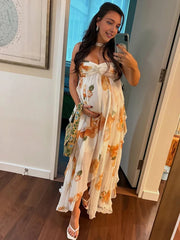 Hnewly  Boho Floral Maternity Photoshoot Dress Beach Chiffon Maxi Gown Halter Pregnancy Outfit Summer Baby Shower Photography Boutique