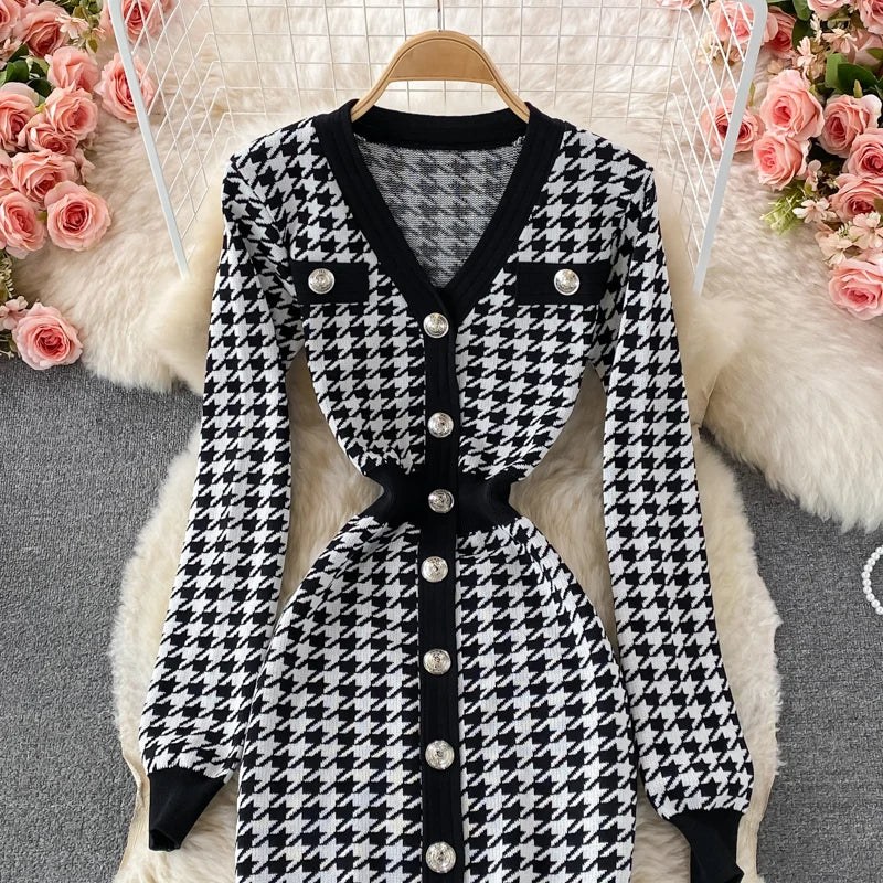 Hnewly  V-neck Sweater Dress Autumn New Versatile Slim Knitted Dresses Elegant Single Breasted High Waisted A-line Gown