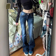 Hnewly  Y2K Streetwear Low-Waisted Jeans Women Korean Fashion Slimming Denim Flares Pants Woman Autumn Winter Vintage Long Trousers