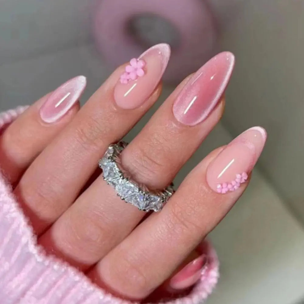 Hnewly 24pcs Long Almond Purple False Nails French Cat's Eye Cherry Press On Nails Stiletto Fake Nails Manicure Detachable Nail Tips