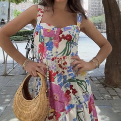 Hnewly  Summer Pullover Women's Clothing Prairie Chic Sleeveless Camisole Plant&Flowers Printed All-match Knee Skirts Stylish Dresses