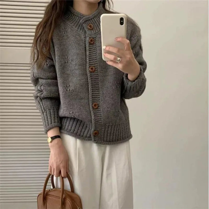 Hnewly  Women's Knit Cardigan Sweater Button-up Stand Collare Soft Woolen Pointelle Sweater Jacket Coat Korean Autumn Winter Outfit