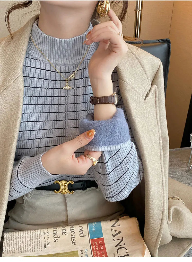Hnewly  Half High Collar Striped Sweater Velvet Bottoming Shirts for Women's Autumn Winter Thicked Warm Pullover Slim Knitting Top