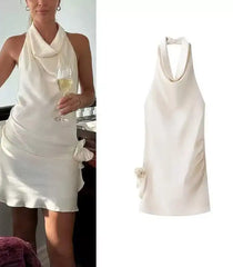Hnewly   3D Flower Satin Halter-neck Short Dress 2025 New Fashion Beige Slim Sleeveless Dresses Backless Summer Party Dress For Women