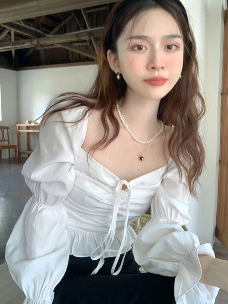 Hnewly Blouses Women French Style Vintage Spring Flare Sleeve Design Aesthetic Clothing Bandage Navel Crop Top Camisa De Gasa Fashion
