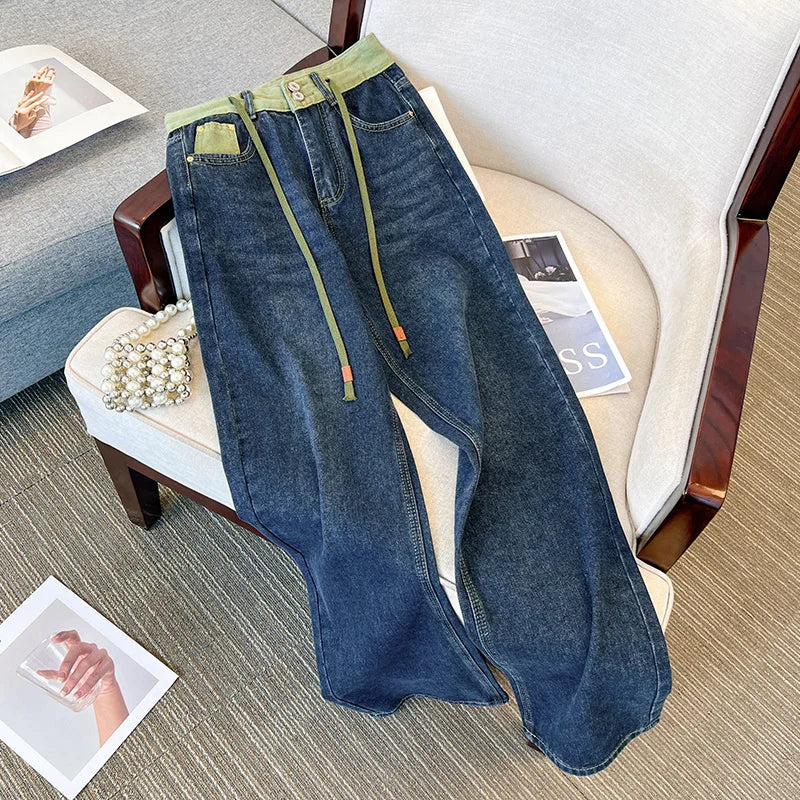 Hnewly  Large Size High Waist Jeans  Women  New Autumn Loose Drawstring Wide Leg Pant Fashion Splice Versatile Straight Leg Denim Pants