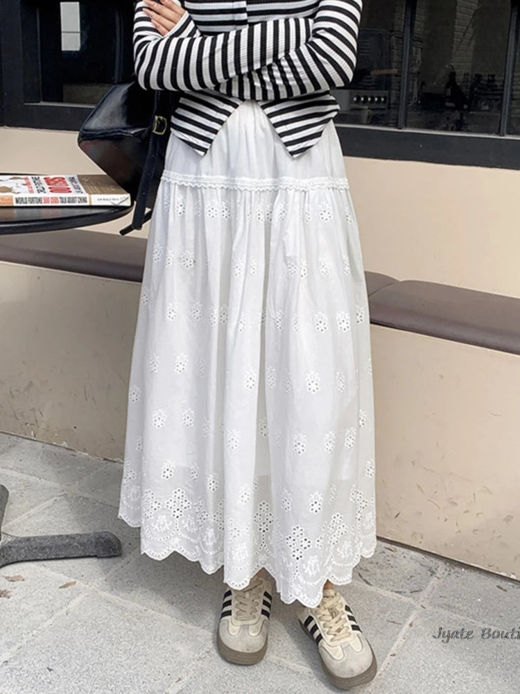 Hnewly   Hollow Lace Spliced White Long Skirt 2025 Spring Summer New Elastic Waist Cotton A-line Vacation Beach Boho Skirt