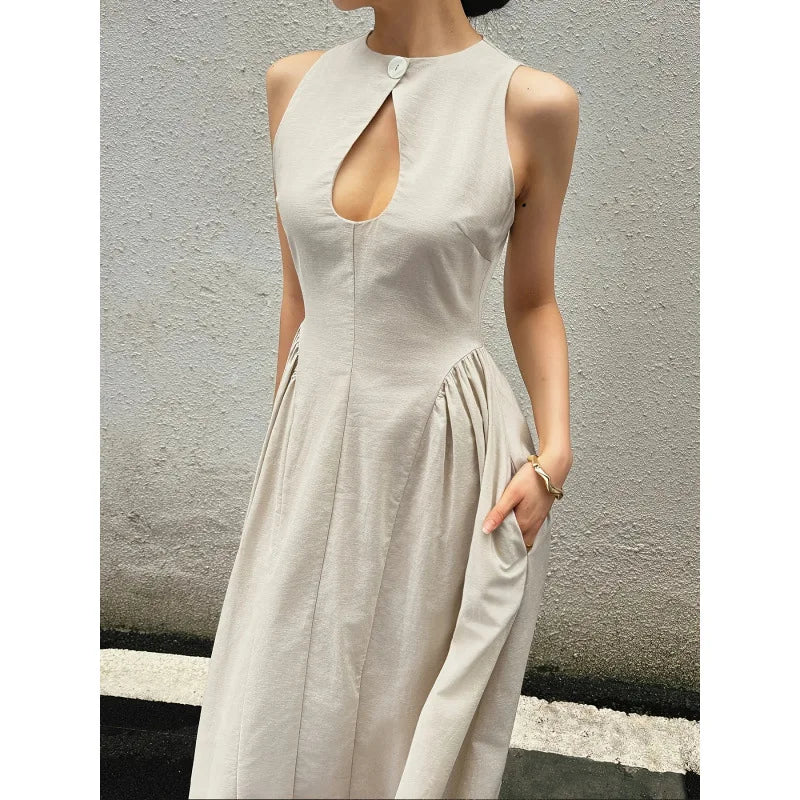 Hnewly Women's Hollow A-line Pendant Dress Temperament Drawn Sleeveless Long Dress Summer New Style