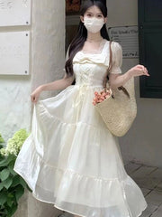 Hnewly  Women Dresses Square Collar Bow Bandage Ribbon Puff Short Sleeve Bow Princess Sweet Elegant Female Dress Casual