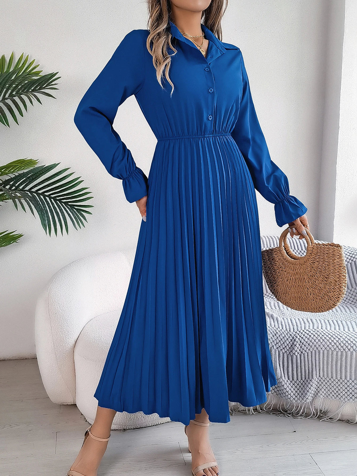 Hnewly  Elegant Single-breasted Pleated High Waist Solid Long Sleeve Dress, Women's Clothing