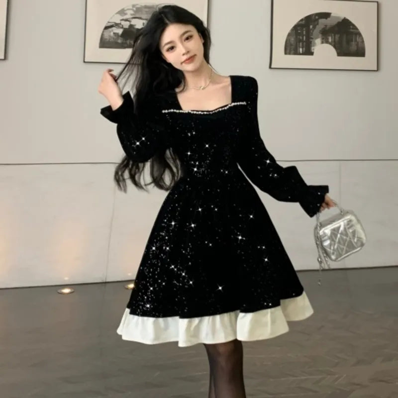 Hnewly NEW YEAR DRESS TO IMPRESS Autumn Shiny Velvet Midi Dresses for Women Long Sleeve Square Collar Oversize Ruffles Patchwork Christmas Party Dress Vestidos