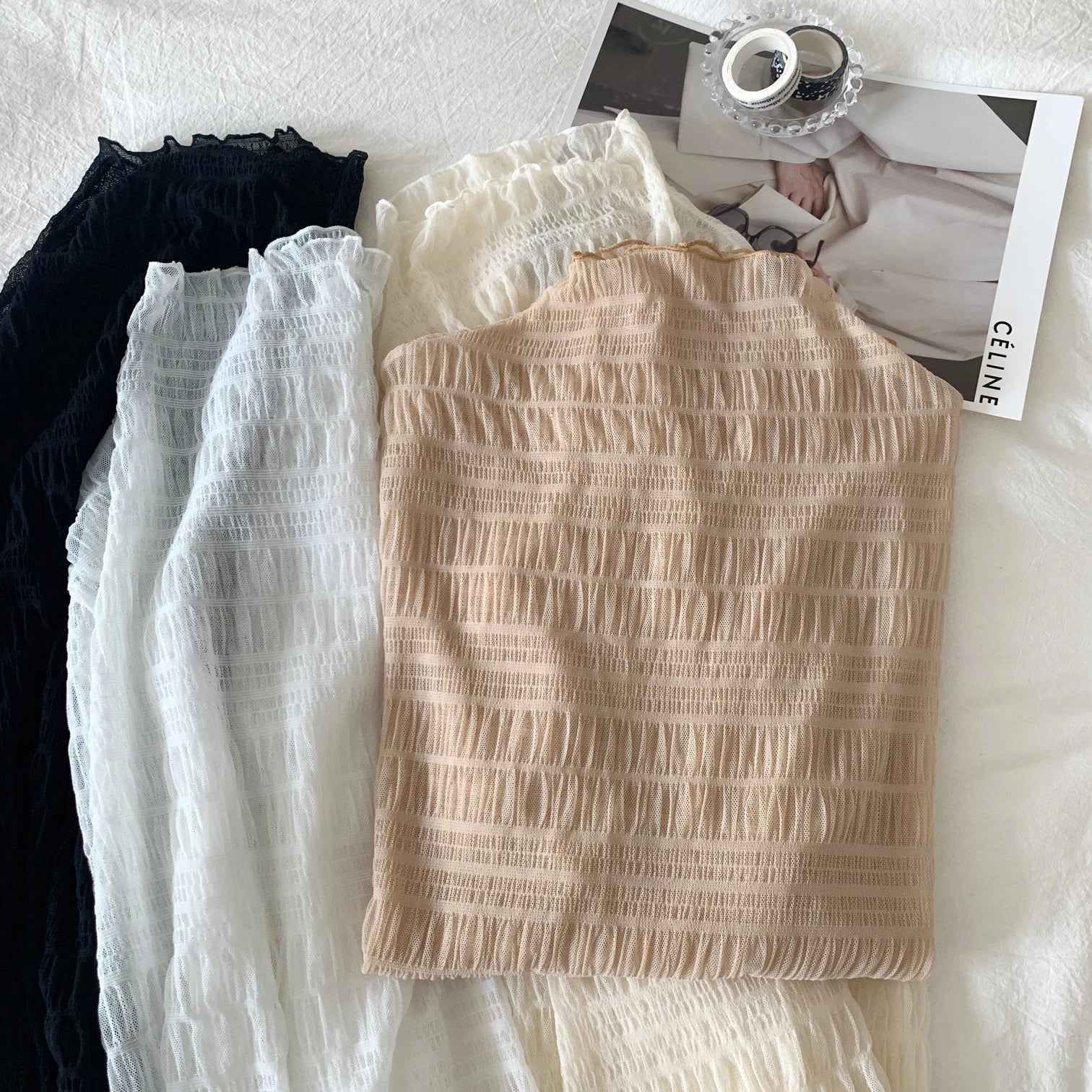 Hnewly Women T-Shirts Vintage Pleat Long SleeveTop Spring Autumn Mesh Fabric Lace Half Turtleneck Korean Fashion All-match Shirt