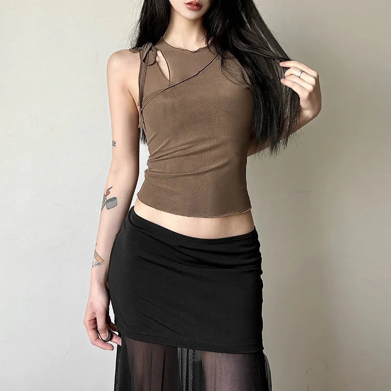Hnewly Summer Tanks Tops Women O-neck Slim New Stylish Sexy Sleeveless Solid Color Spliced Navel-Exposed Tee Woman Clothing