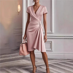 Lunivop  ﻿ Women's Chic Ruched Wrap V Neck Midi Dress Long Sleeve Asymmetric Hem Formal Gown for Elegant Office Work Commute