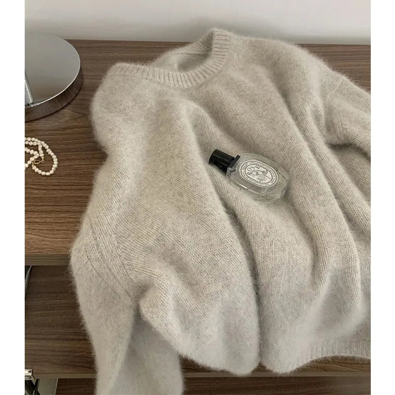 Hnewly  Soft Plush Sweater Women's Autumn Winter O-Neck Loose All-Matched Knit Pullover Korean Style Solid Mohair Long Sleeved Top