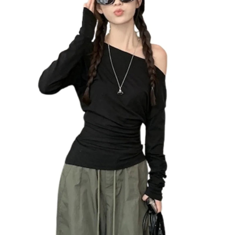 Hnewly y2k Aesthetic Tops Women Punk Gothic Clothing Slant Neck Off Shoulder Long Sleeve T Shirts 2000s Clothes Streetwear