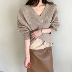 Hnewly  Criss Cross Wrap Sweater for Women Rib Knit Long Sleeve V-Neck Crossover Pullover Crop Jumper Autumn Winter Elegant Chic Outfit