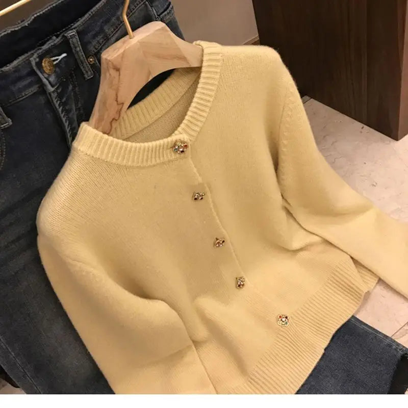 Hnewly  Solid O-Neck Sweater French Elegant Single Breasted Women's Spring Autumn Winter New Fashion All-match Long Sleeve Top Coat